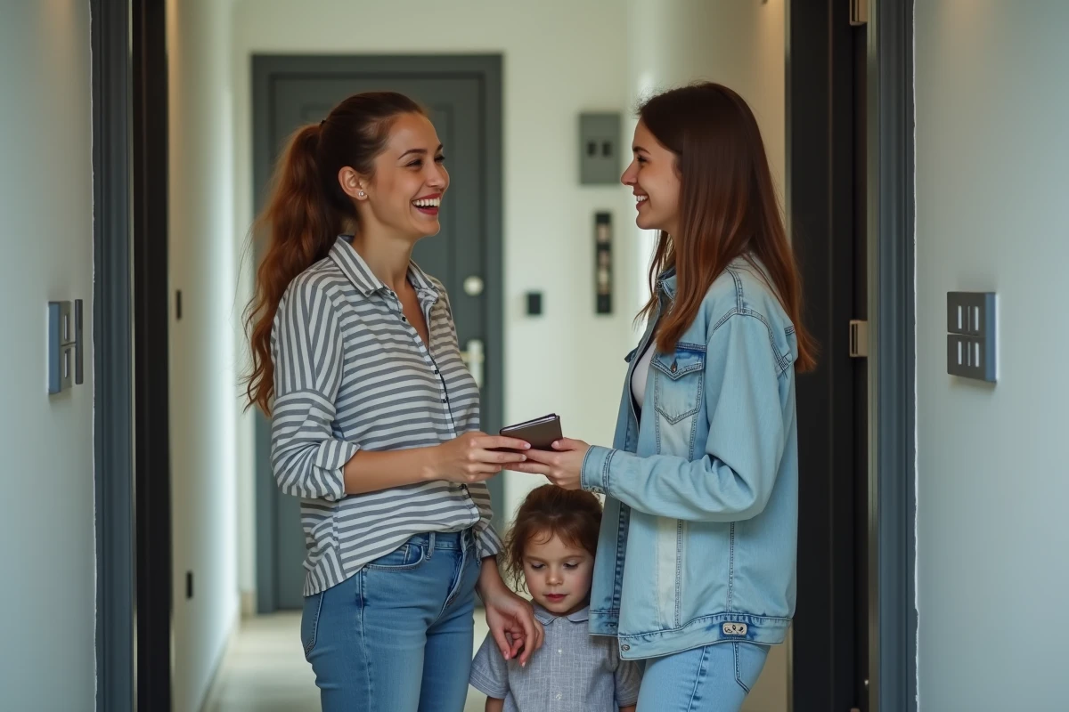 Deux voisines discutant d'un accord de baby-sitting partagé devant leur appartement, avec un enfant à leurs côtés