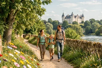 Famille en balade dans les Pays de la Loire, entourée de verdure et d'un paysage de château, illustrant les activités pour enfants dans la région