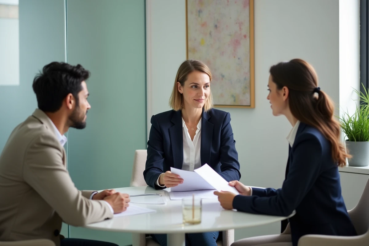 Consultation dans une agence de garde d'enfants entre des parents et une conseillère professionnelle