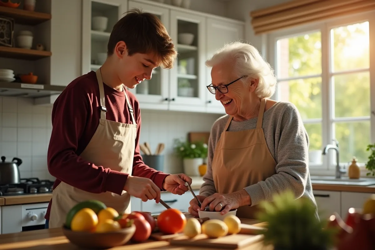 Adolescent aidant sa maman dans la cuisine avec soleil naturel