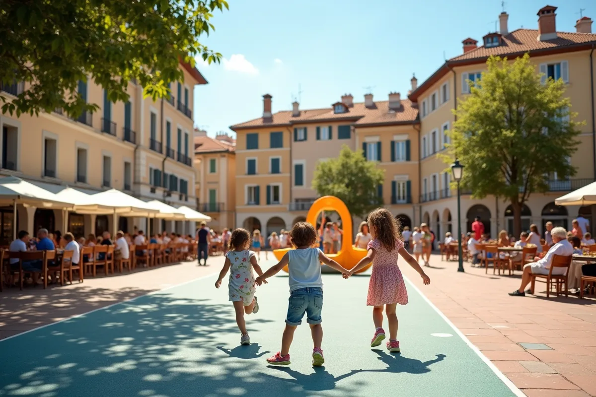 Enfants jouant dans une aire de jeux moderne en ville du sud de la France