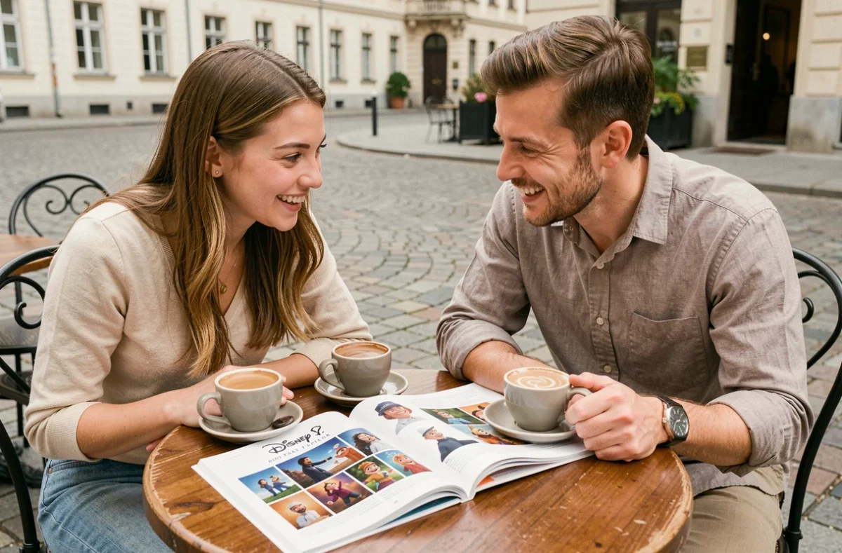 Deux amis discutant de l'ordre chronologique des films Disney et Pixar autour d'un magazine posé sur une table de café en terrasse dans une rue européenne