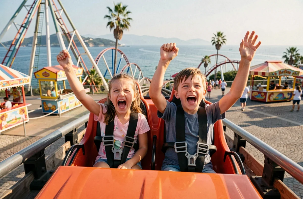 Deux enfants les mains levées criant de joie sur des montagnes russes à Antibes Land à Antibes