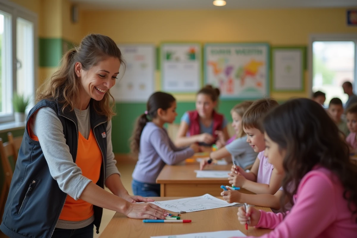 Enfant et bénévole lors d’un atelier créatif intérieur