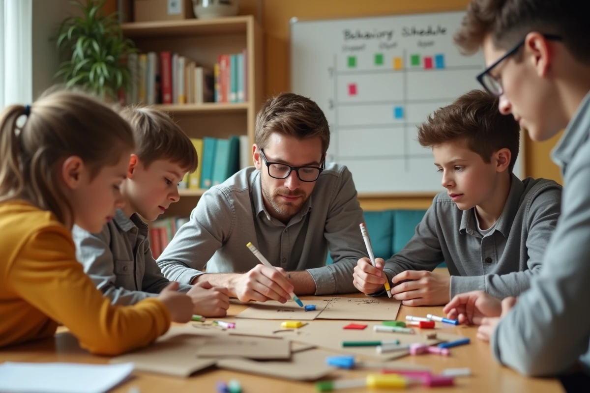 Atelier thérapeutique en groupe dans une école spécialisée pour adolescents avec troubles du comportement