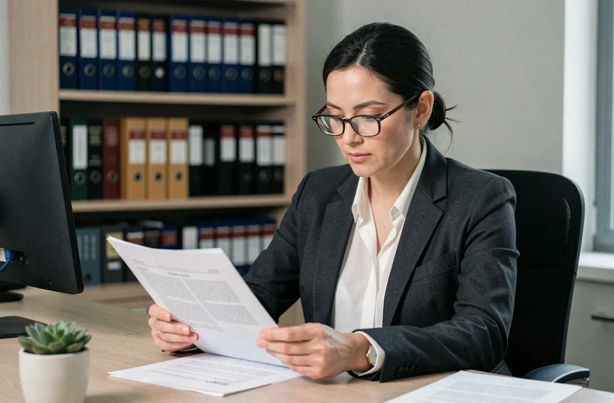 Avocate spécialisée en droit de la famille consultant un dossier d'adoption simple dans son bureau juridique