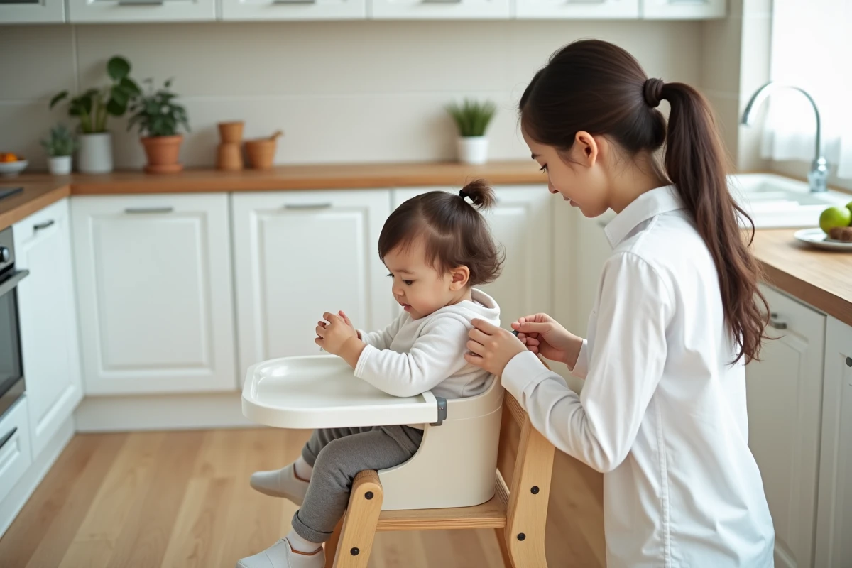 Adolescente baby-sitter attachant les sangles de sécurité d'une chaise haute pour un bébé dans une cuisine moderne