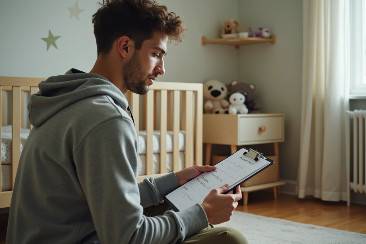 Jeune homme baby-sitter consultant une fiche de contacts d'urgence à côté d'un babyphone dans une chambre d'enfant
