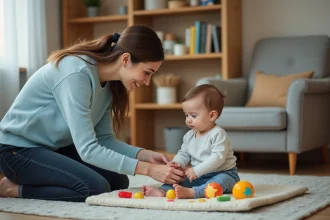 Jeune baby-sitter attentive surveillant un tout-petit assis sur un tapis de jeu coloré dans un salon familial sécurisé