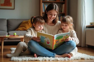 Baby-sitter lisant un livre à deux jeunes enfants dans un salon chaleureux, illustrant le concept de garde partagée entre voisins