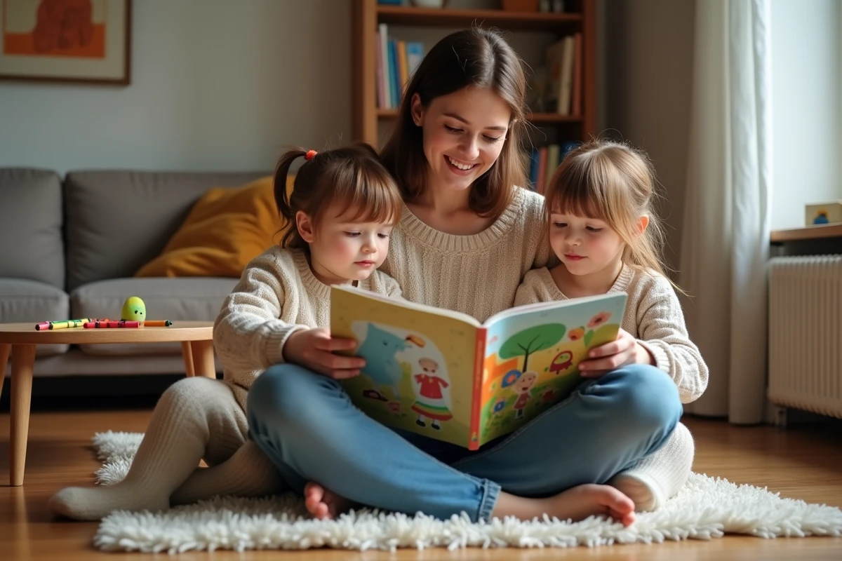 Baby-sitter lisant un livre à deux jeunes enfants dans un salon chaleureux, illustrant le concept de garde partagée entre voisins
