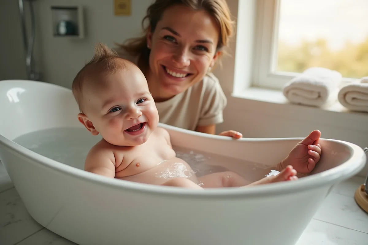 Parent soutenant doucement un bébé dans une baignoire chaude