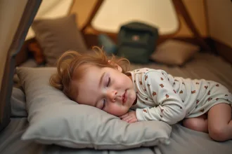 Bebe fille endormie sur un lit de camping dans une tente