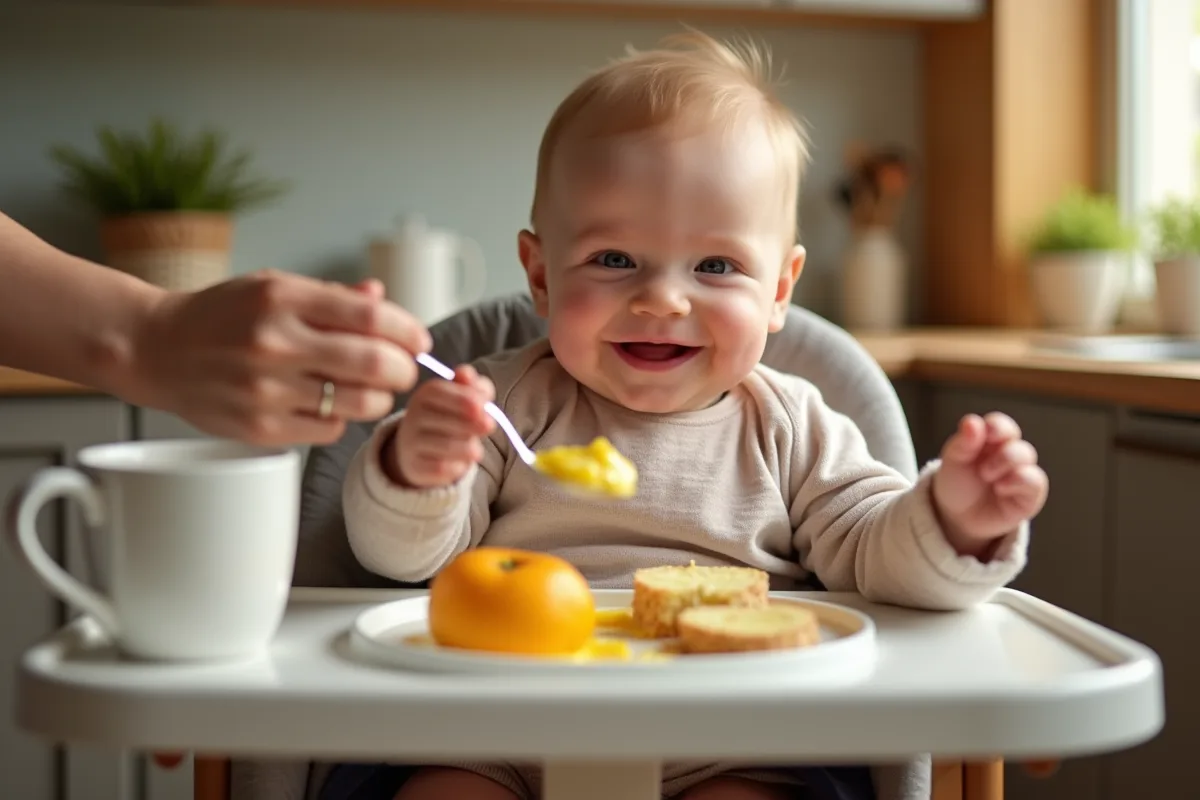 Bébé souriant dans une chaise haute mangeant ses premiers aliments