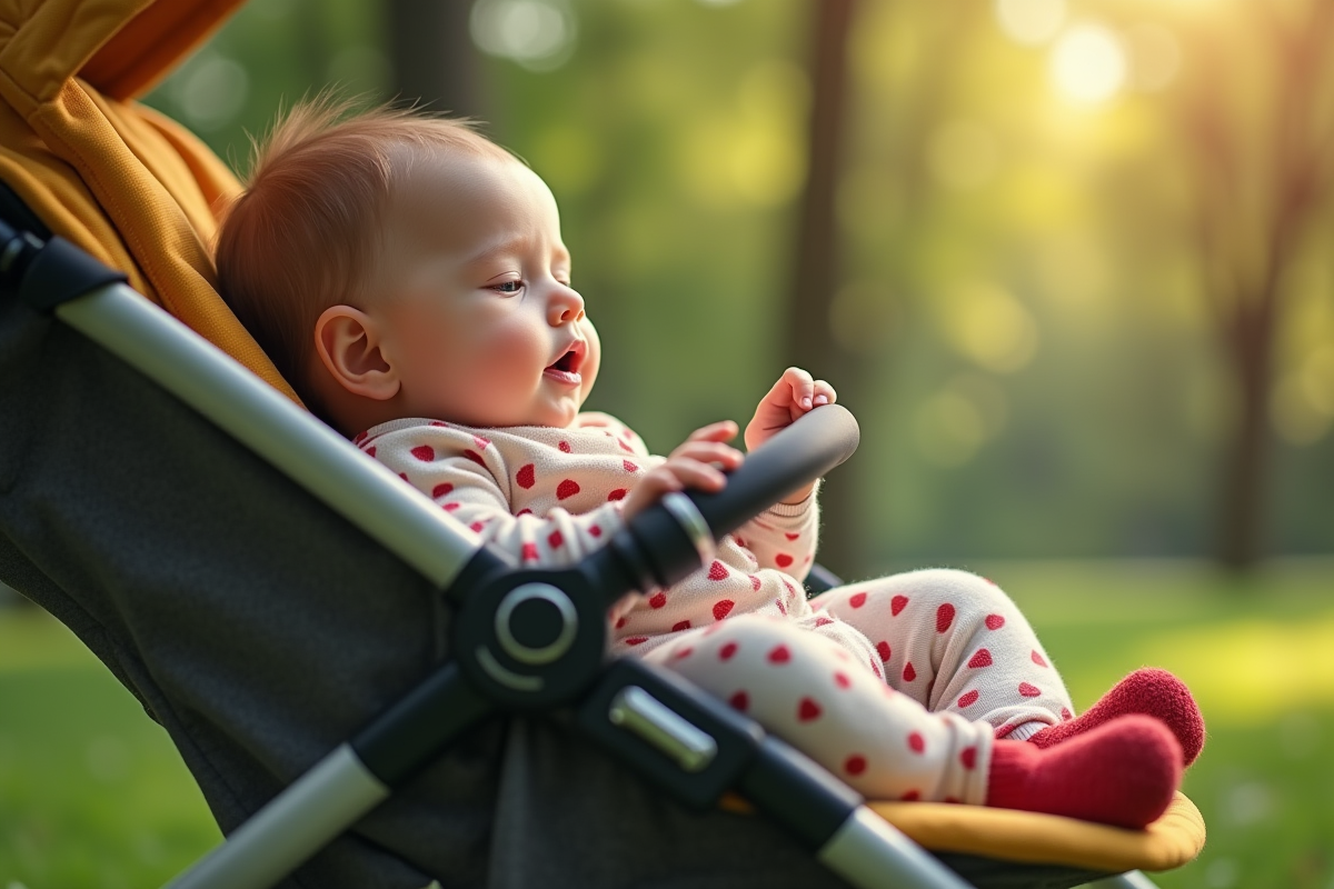 Bébé de trois mois reposant dans une poussette en plein air