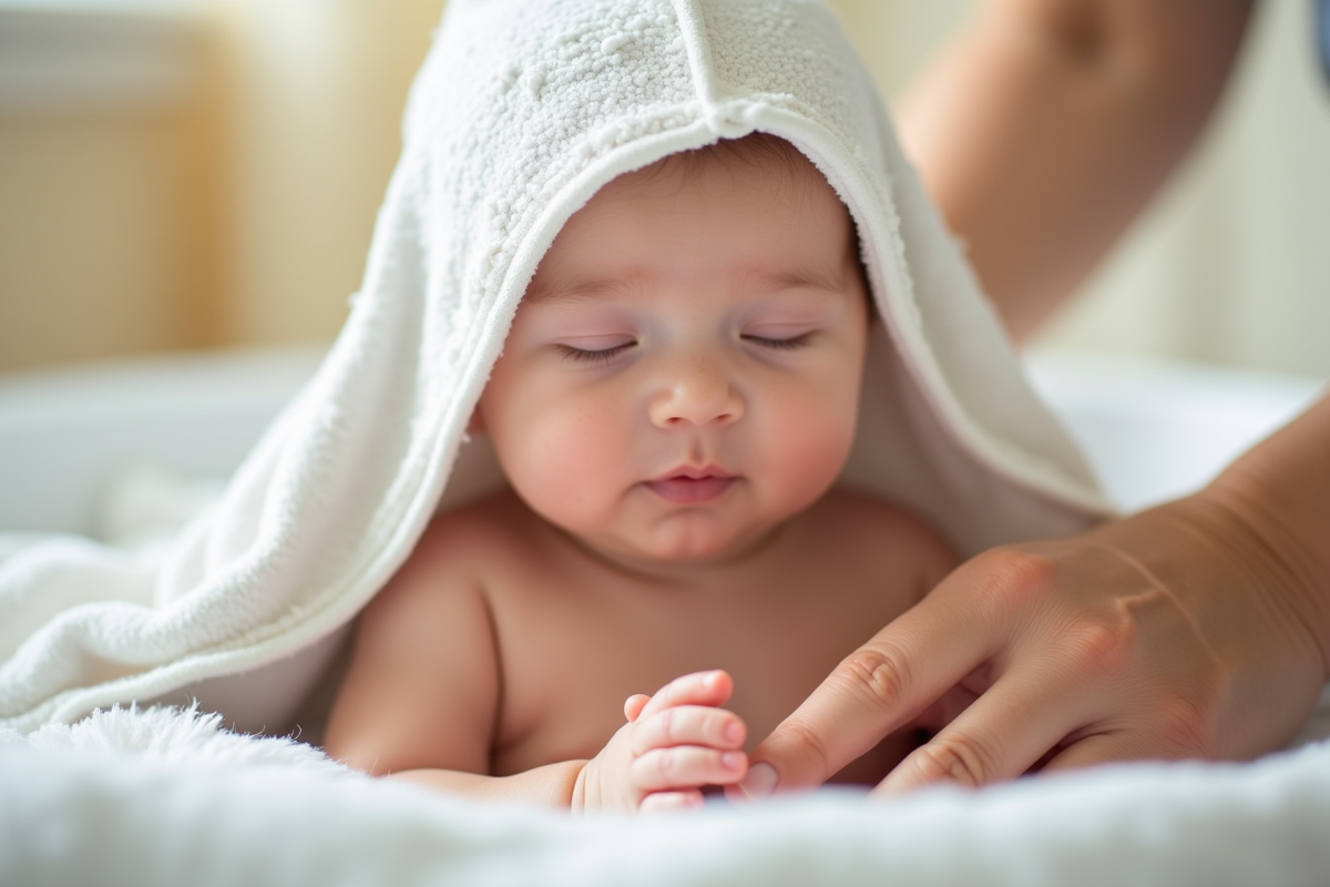 Bébé emmitouflé dans une serviette après le bain