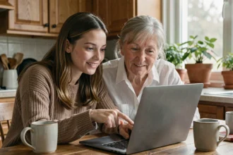 Belle-fille et belle-mère regardant ensemble un écran d'ordinateur portable à la cuisine, illustrant l'apprentissage des scans en ligne en famille