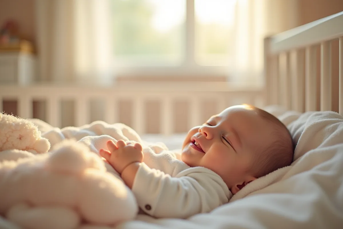 Bébé souriant et dormant dans un berceau dans une nurserie douce