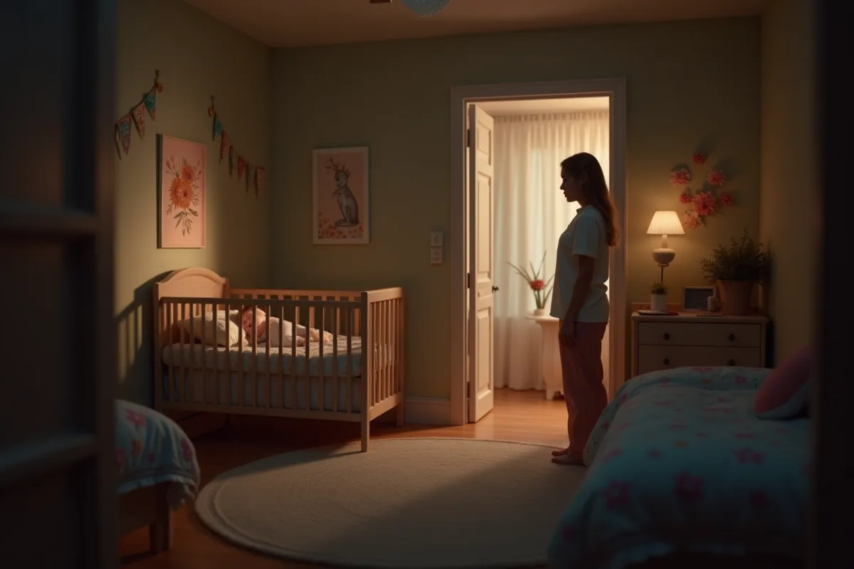 Berceau dans une chambre paisible la nuit avec bébé endormi