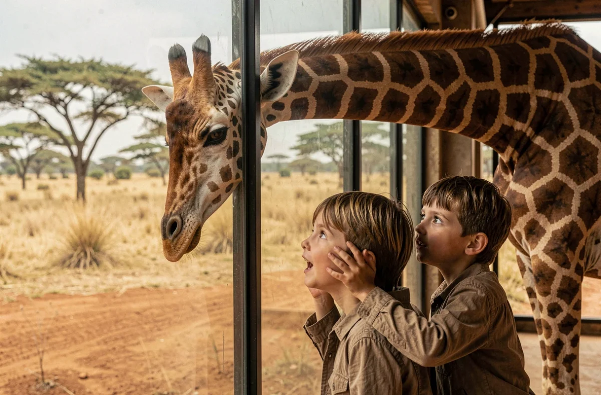 Enfants émerveillés devant une girafe au Bioparc de Doué-la-Fontaine, le visage contre la vitre de l'enclos