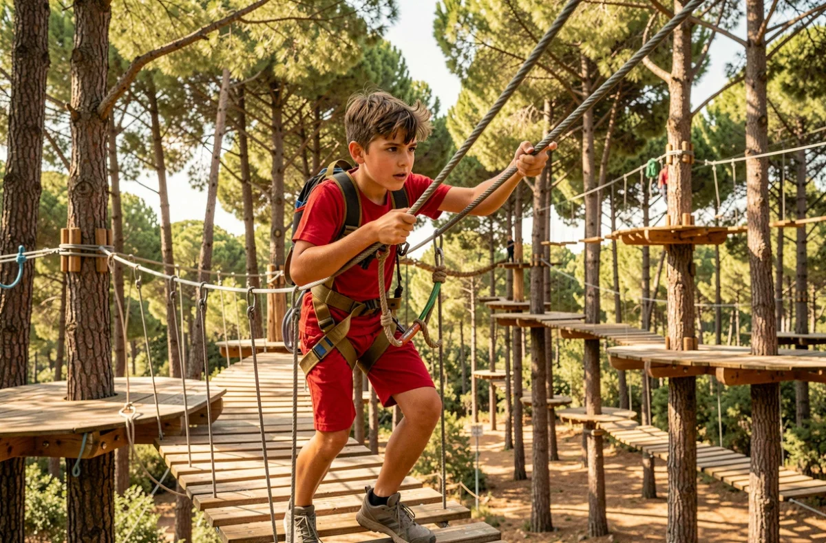 Adolescent en harnais traversant un pont de corde suspendu dans les pins au Bois des Lutins à Villeneuve-Loubet