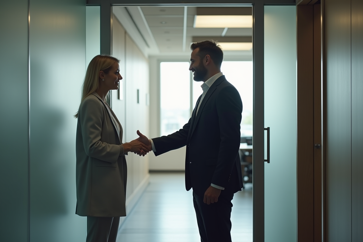 Personne invitant un collègue dans un bureau moderne