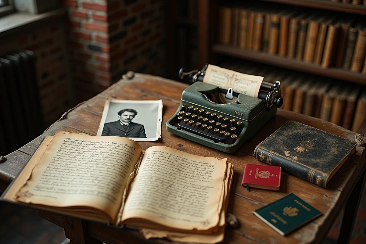 Bureau de recherche biographique avec documents vintage, passeports usés et notes manuscrites pour l'étude de la vie de Mesrine