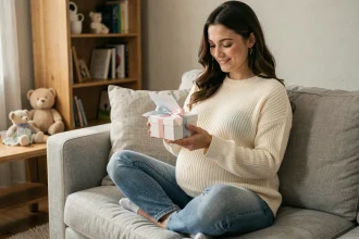 Future maman enceinte souriante tenant un cadeau gratuit sur un canapé gris dans un salon chaleureux