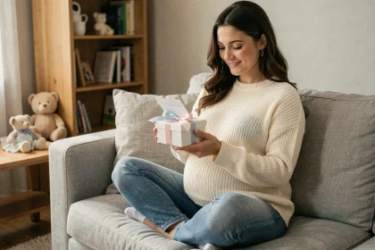 Future maman enceinte souriante tenant un cadeau gratuit sur un canapé gris dans un salon chaleureux