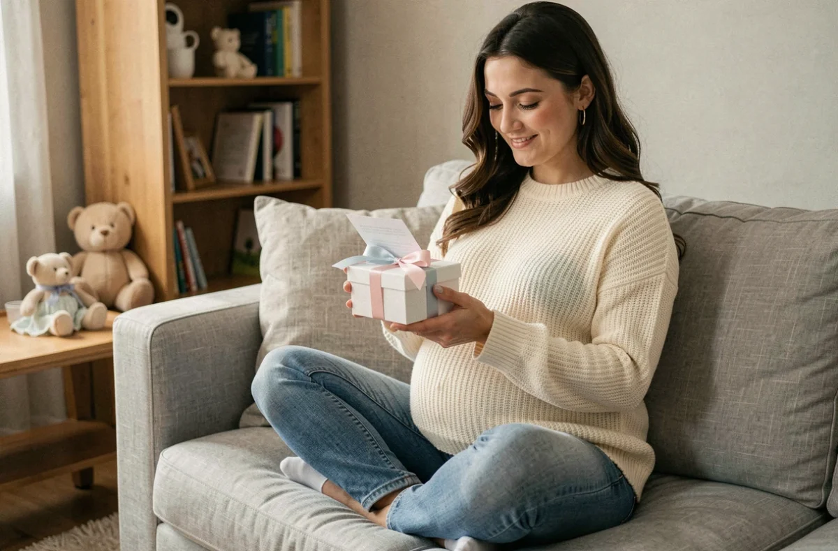 Future maman enceinte souriante tenant un cadeau gratuit sur un canapé gris dans un salon chaleureux