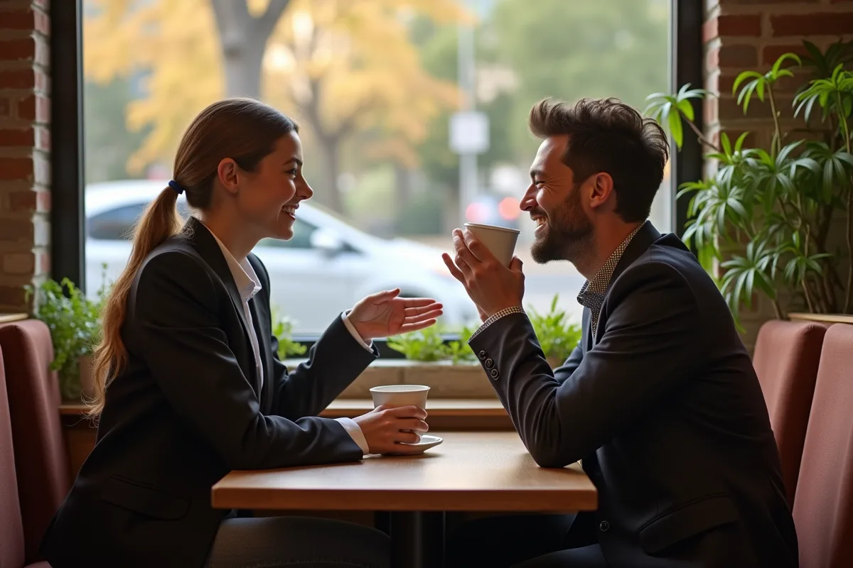 Deux collègues souriants dans un café convivial