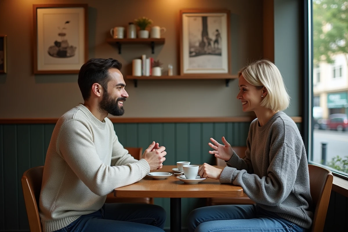 Deux adultes discutant dans un caf&eacute; bistro chaleureux et cosy