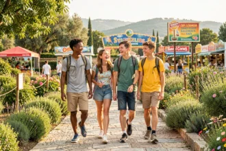 Famille joyeuse se promenant dans un parc de loisirs en Provence-Alpes-Côte d'Azur en été