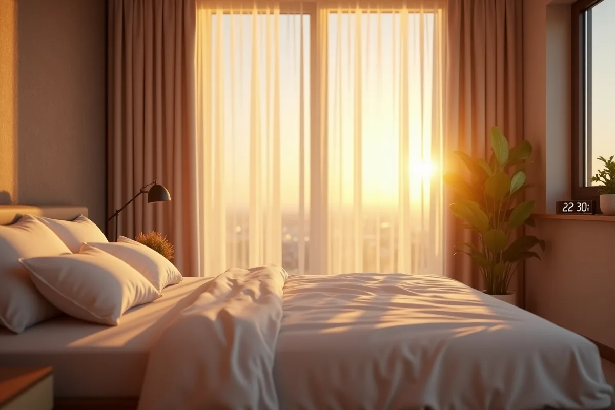 Chambre moderne au lever du soleil avec lumière douce