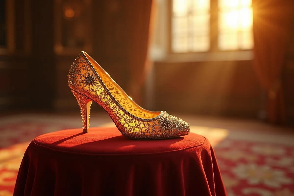 Chaussure antique en velours dans un château au lever du soleil