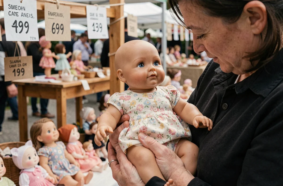 Collectionneuse tenant une poupée reborn fille habillée d'une grenouillère fleurie sur un stand de marché artisanal