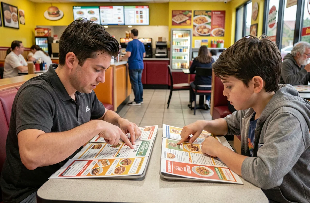 Parent et enfant comparant les menus enfants dans un restaurant fast-food