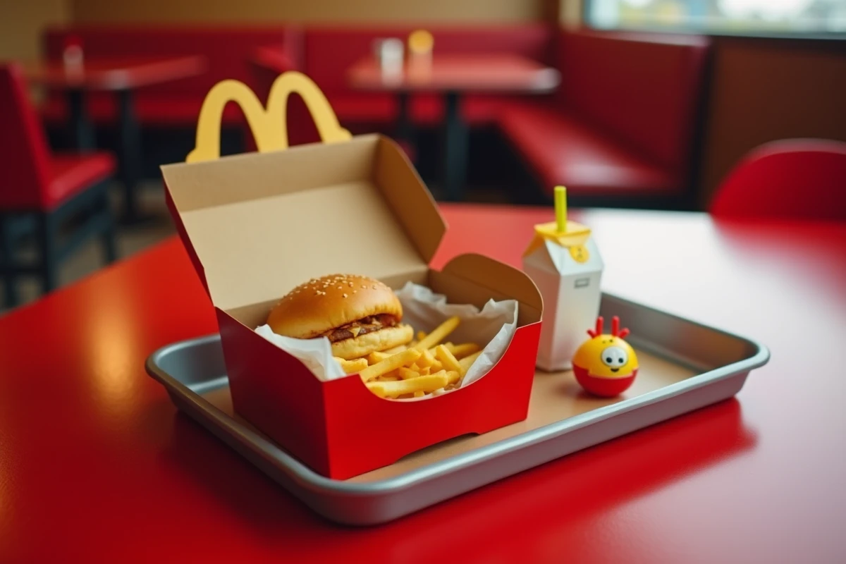 Contenu d'un Happy Meal ouvert sur un plateau de restaurant fast-food avec jouet et frites