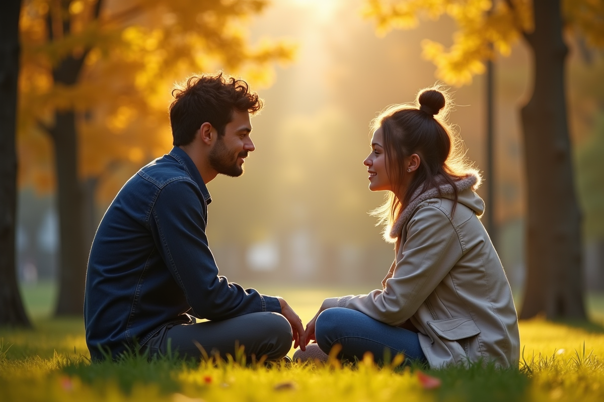 Deux personnes discutant dans un parc ensoleille