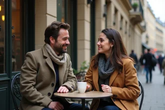 Couple souriant au café parisien en extérieur