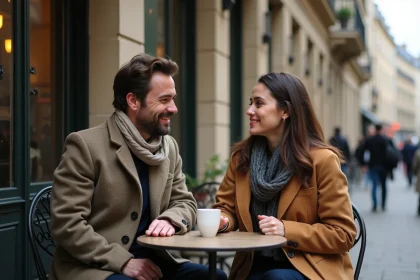 Couple souriant au caf&eacute; parisien en ext&eacute;rieur