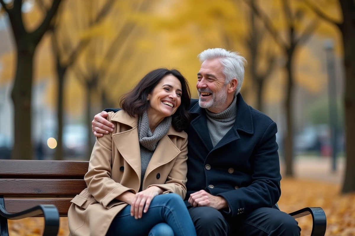 Couple complice assis sur un banc dans un parc parisien en automne, souriant ensemble, illustrant les moments précieux partagés entre deux tournages