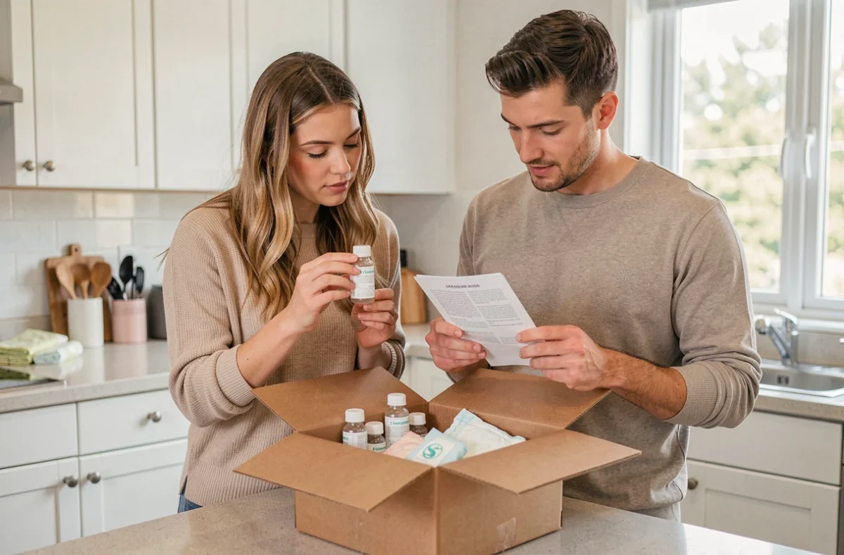 Couple découvrant un kit d'échantillons gratuits pour bébé dans un colis ouvert sur le plan de travail de leur cuisine