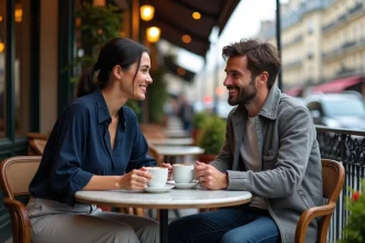 Couple discret partageant un moment intime à la terrasse d'un café parisien