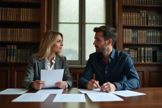 Couple français en instance de divorce assis face à un notaire dans un bureau juridique parisien avec des documents officiels sur la table
