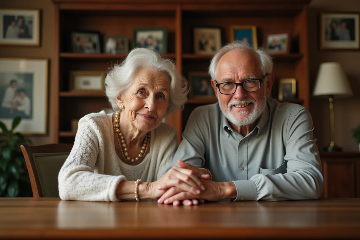 Couple âgé avec photos de famille dans le salon