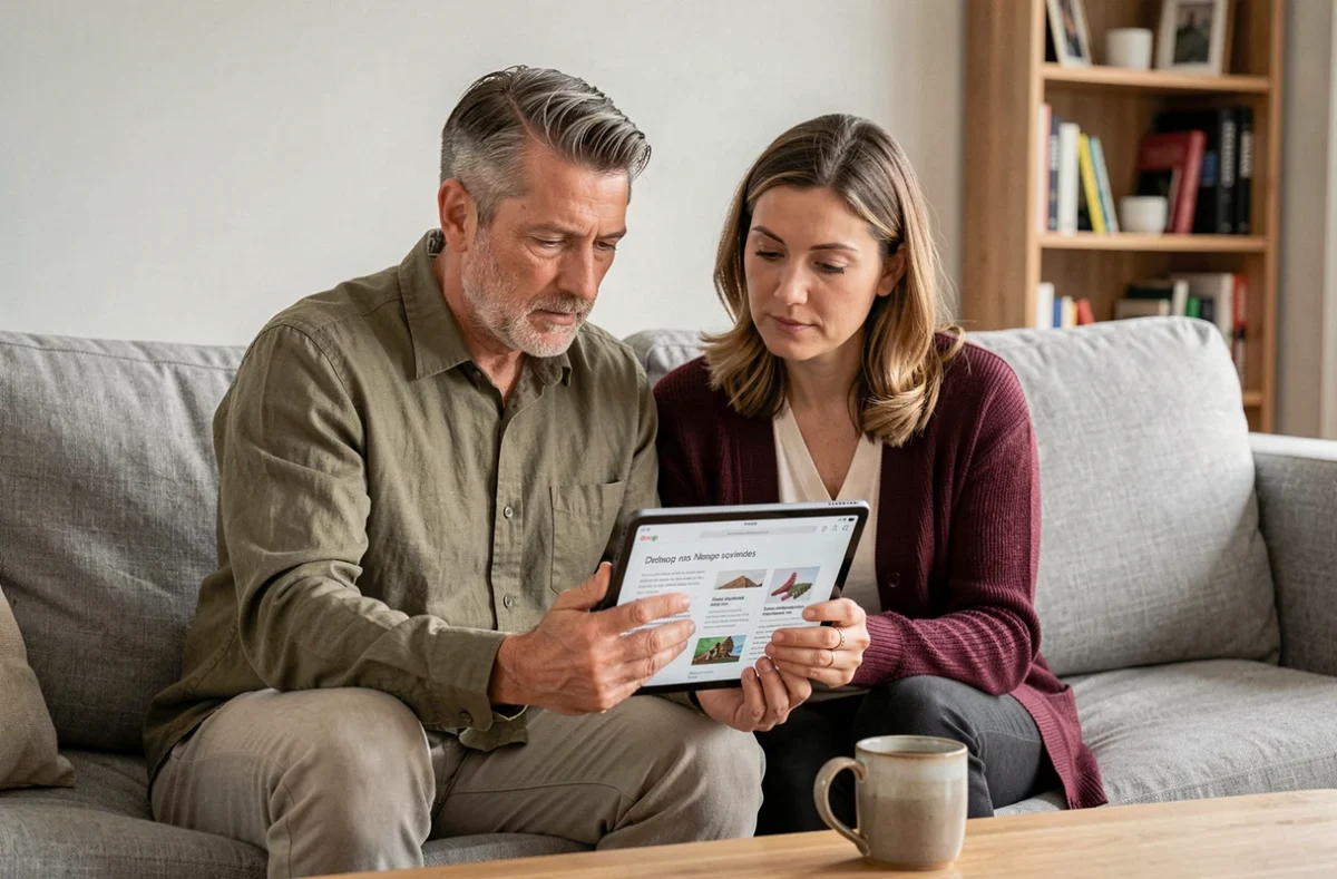 Couple de futurs parents adoptifs consultant ensemble des informations sur l'adoption simple depuis leur salon