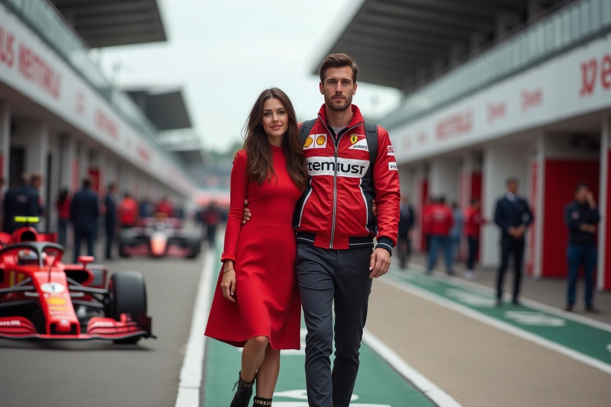 Couple tendance posant dans le paddock d'un Grand Prix de Formule 1, copine et pilote dans l'ambiance exclusive des coulisses de la F1