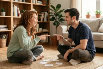 Couple jouant à un jeu de questions-réponses assis sur un tapis dans un salon cosy