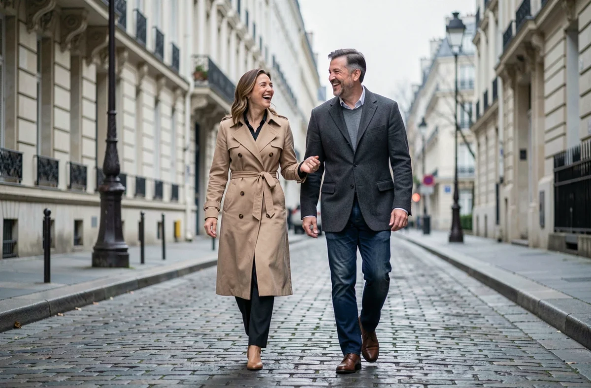 Couple marié se promenant sur les pavés d'un quartier parisien historique, fous de rire dans une rue étroite haussmannienne